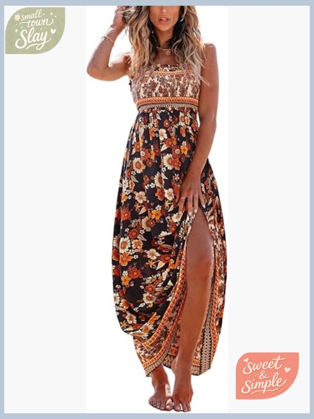 Boho Floral Smocked Maxi Dress - Spaghetti Straps Sleeveless Sundress